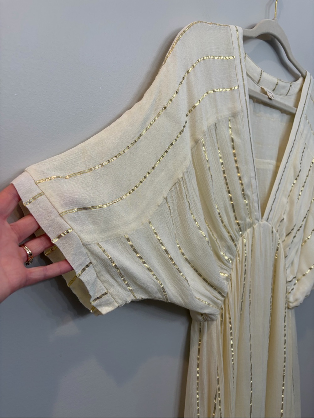En Crème Sabrina Lurex Kimono Maxi Dress Cream Gold Stripes Asymmetrical Hem L - Picture 4 of 13